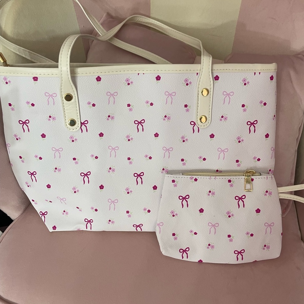 Elegant White and Pink Bow Tote Bag Set